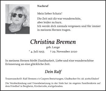 Traueranzeigen Von Christina Bremen Wirtrauern