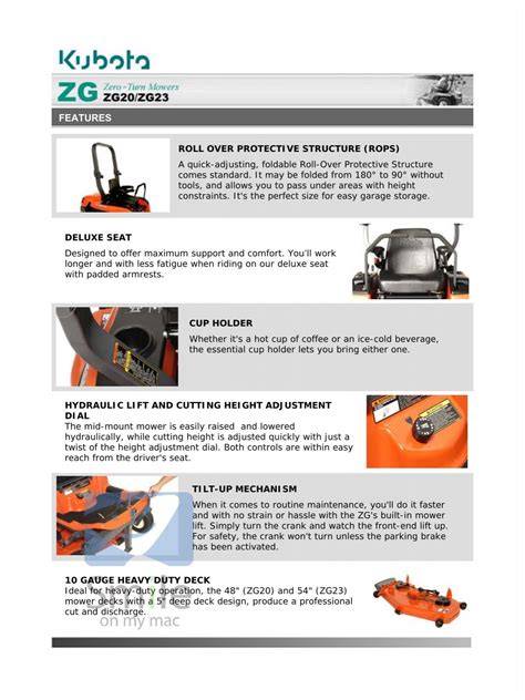 Kubota Commercial Zero Turn Mowers Z Series ZG20 ZG23 Features