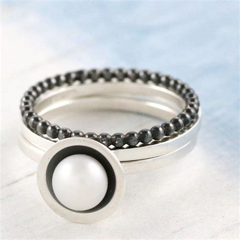 Pearl Stacking Ring Set Oxidised Sterling Silver Silver Rings