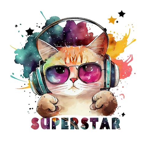 Premium AI Image | Watercolor cute cat cool superstar cartoon animal ...