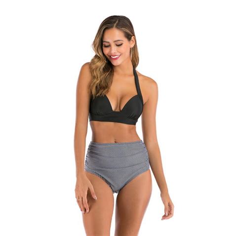 Women Bikini Swimsuit Two Piece Retro Halter Ruched High Waist Bikini Swimwear China One Color