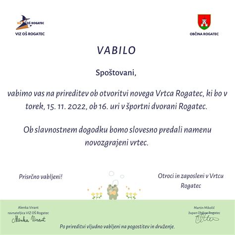 Vabilo Otvoritev Novega Vrtca Viz O Rogatec