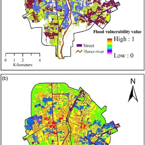 | Urban flood vulnerability maps for Amol city showing: (a) flood ...