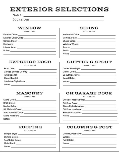 Exterior House Design Selection Sheet Printable Builder Color Selections New Home Construction