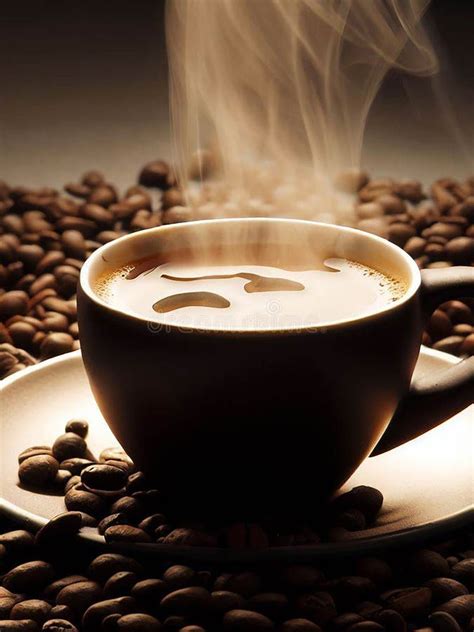 Coffee Cup With Steaming Hot Espresso Drink And Coffee Beans Around