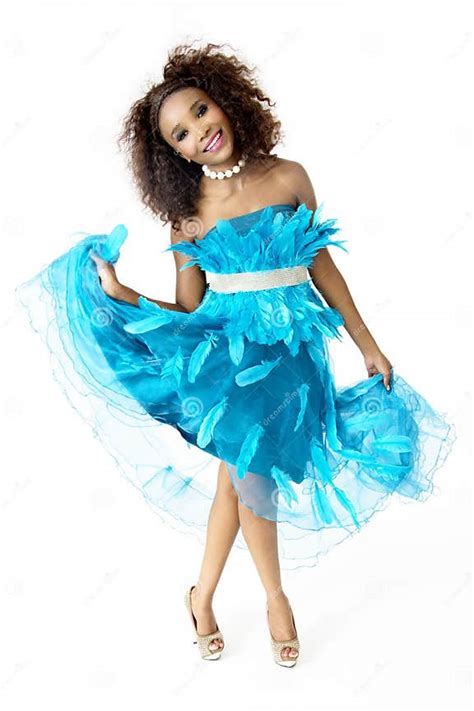 African Female Model Wearing Turquoise Feathered Dress Full Length Stock Image Image Of Legs