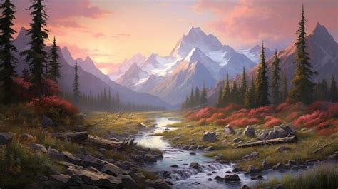 Premium Photo | Painting of a mountain scene with a stream and a ...