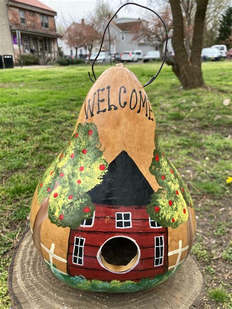 Natural Birdhouse Gourd Handpainted With House Etsy