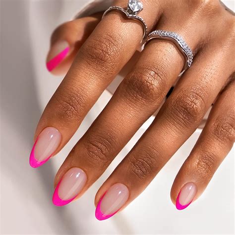 French Tip Press On Nails Almond Btartbox Hot Pink Press On Nails Short Stick On Nails For