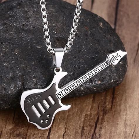 Bijouterie Stainless Steel Black Silver Tone Guitar Pendant Necklace