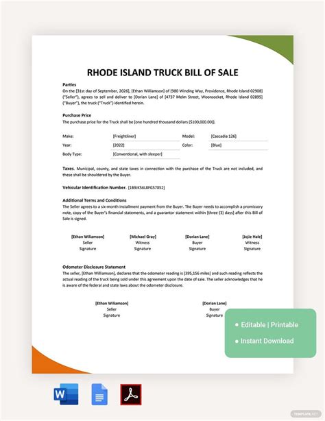 Rhode island truck bill of sale template in pdf, word, google docs
