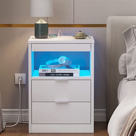 Adorneve Nightstand With Wireless Charging Station And 2 Drawers Bedside Table With Led Lights