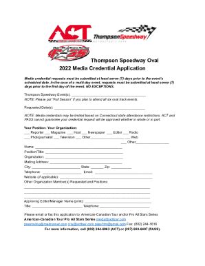 Fillable Online Thompson Speedway Media Credential Application Fax