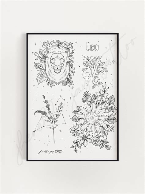 Leo Astrology Tattoo Flash Sheet Print Digital Download Etsy