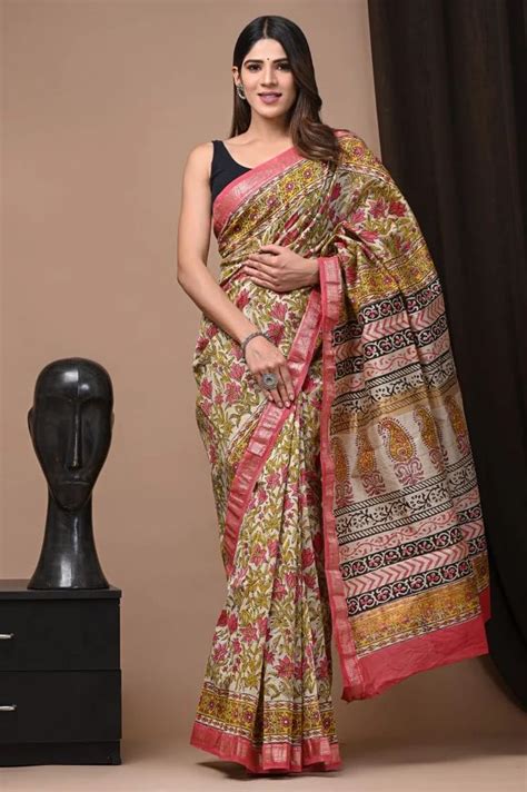 Handblock Printed Maheshwari Silk Saree 5 5 M Separate Blouse Piece