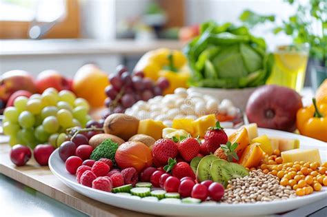 Healthy Eating Colorful Fresh Fruits And Vegetables Nuts Whole Grains