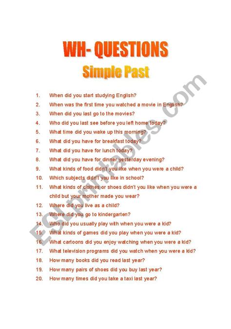 Wh Questions Simple Past ESL Worksheet By Lillizen