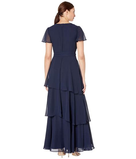 Tahari Flutter Sleeve Chiffon Maxi Dress With Tiered Skirt In Navy