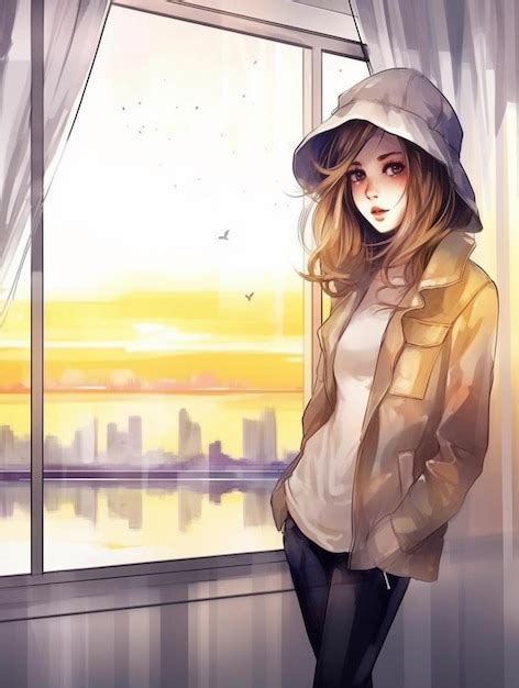 Premium Ai Image Anime Girl Standing In Front Of A Window With A City