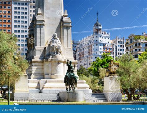 View Of The Cervantes Monument On The Square Of Spain Plaza De Stock