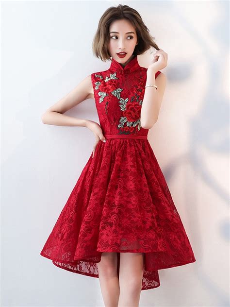 Red Lace Embroidered Qipao Cheongsam Evening Dress With Dip Hem Cozyladywear