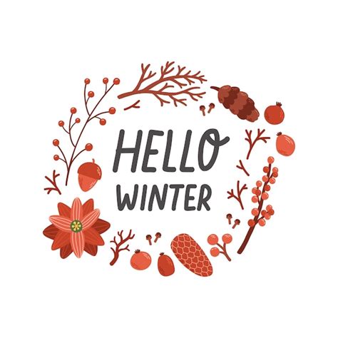 Premium Vector Hello Winter Phrase With Wreath Lettering Isolated