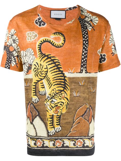 Gucci Tiger Print Linen Jersey T Shirt In Orange For Men Lyst