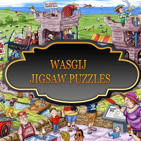 The Cover Of Wasgi Jigsaw Puzzles With Cartoon Characters And People Around It