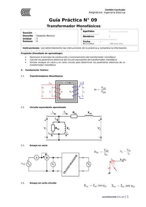 Guía Práctica 9 Transformador Asignatura Ingeniería Eléctrica Guía