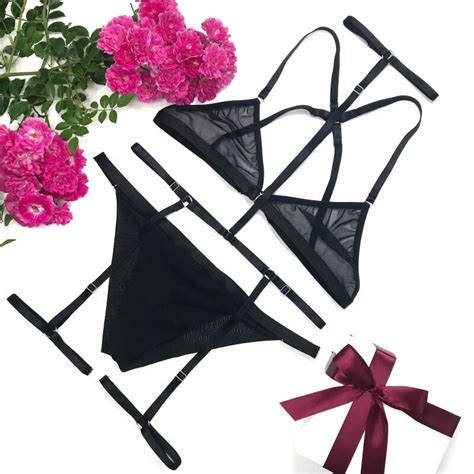 Mesh Lingerie Set With Harness Nude Mesh Bralette Mature Etsy Canada