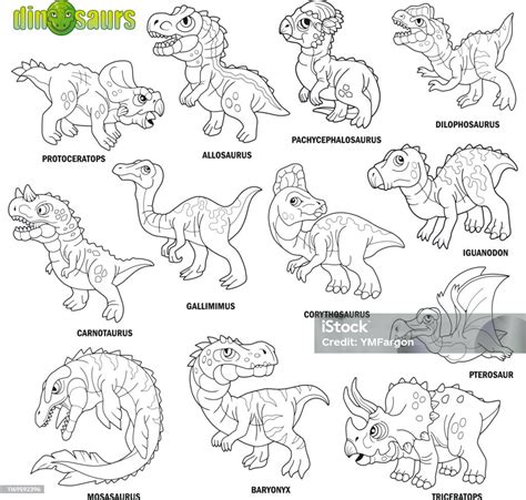 귀여운 선사 시대 공룡 색칠 공부 이미지 세트 색칠놀이 책에 대한 스톡 벡터 아트 및 기타 이미지 색칠놀이 책 공룡