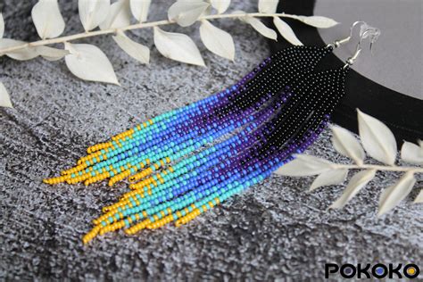 Black Blue Yellow Beaded Earrings Fringe Earrings Ombre Seed Etsy