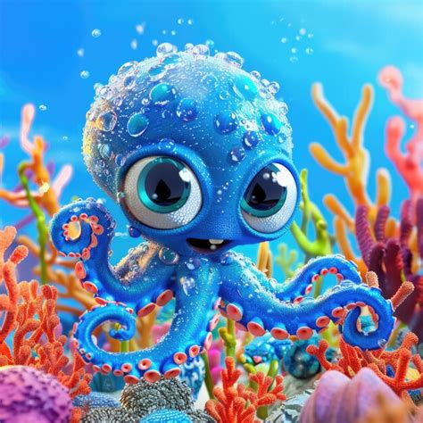 Cute Cartoon Octopus In A Coral Reef Premium AI Generated Image