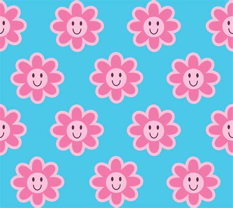 Cute Seamless Pattern Background With Smiling Daisy Flower In Pink