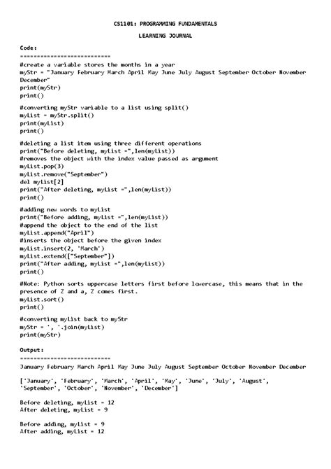 CS 1101 Learning Journal Unit 6 CS1101 PROGRAMMING FUNDAMENTALS