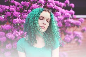 Wallpaper Women Outdoors Model Dyed Hair Closed Eyes Blue Hair