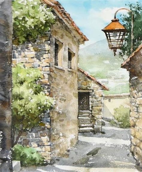 Watercolor Painting Of An Alley Way With Stone Buildings And A Lamp