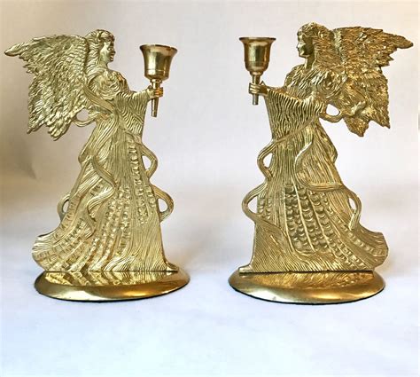 PAIR ANGEL CANDLESTICKS Brass Angel Candleholders Large Etsy