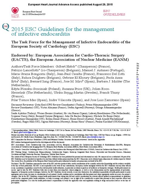 2015 Esc Infective Endocarditis Guidelines For The Management Of Pdf Preventive Healthcare