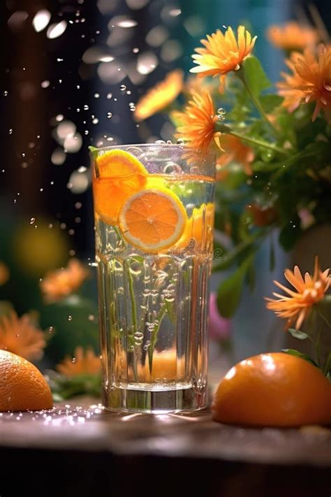 Glass Of Orange Soda With Ice Cubes And Oranges On A Wooden Table Made With Generative Ai