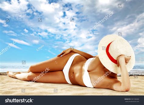 Woman White Bikini On Sand Stock Photo Edit Now