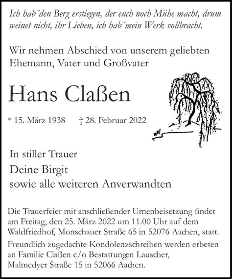 Traueranzeigen von Hans Claßen Aachen gedenkt