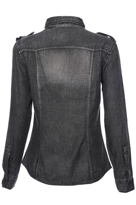 Pocketed Black Long Sleeved Denim Shirtfor Women Romwe