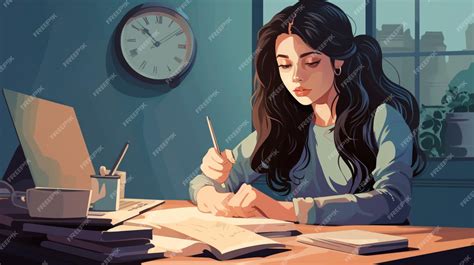 Premium Vector A Painting Of A Girl Writing In A Book With A Clock
