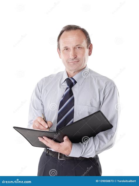 Confident Businessman With Clipboard Isolated On White Stock Image