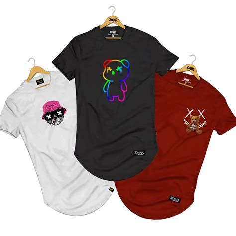 Kit Camisa Camiseta Longline Masculina Urso Bear Colorido Smile