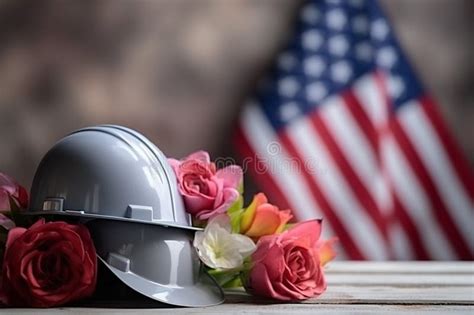 Helmet With Flowers And American Flag On Wooden Table Labor Day