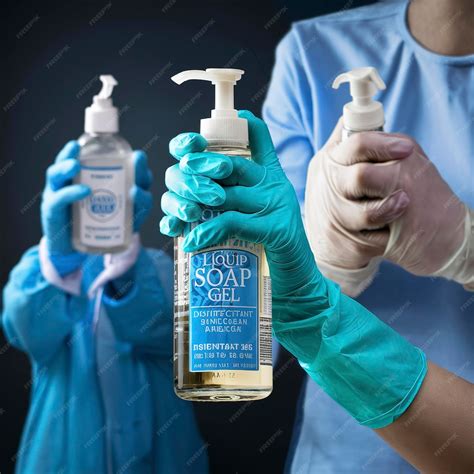 Premium Photo Female Hand In Rubber Gloves Holding Liquid Soap Gel Bottle