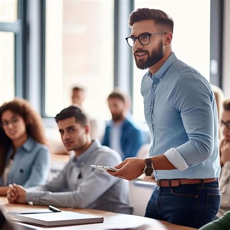 Premium Ai Image Confident Young Businessman In Eyeglasses Using Digital Tablet While Standing