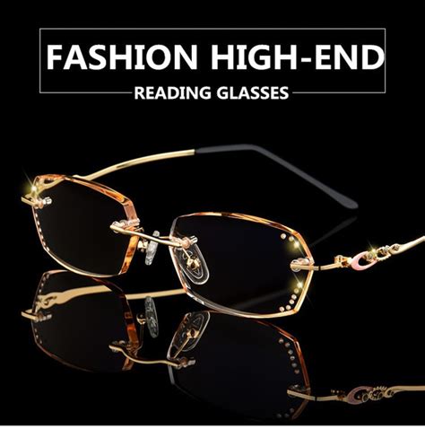 Luxury Rhinestone Reading Glasses Women Diamond Cutting Rimless Glasses Men Women's Golden ...